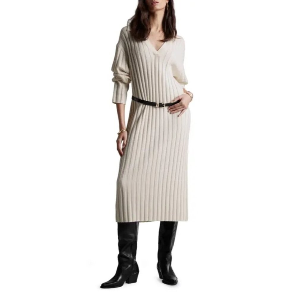 & Other Stories Cream Ribbed Midi Sweater Dress